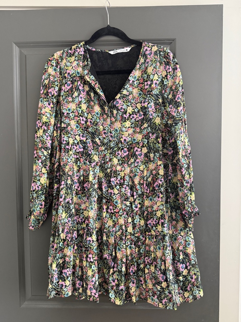 Zara Black Floral Mini Dress with Pastel Print
